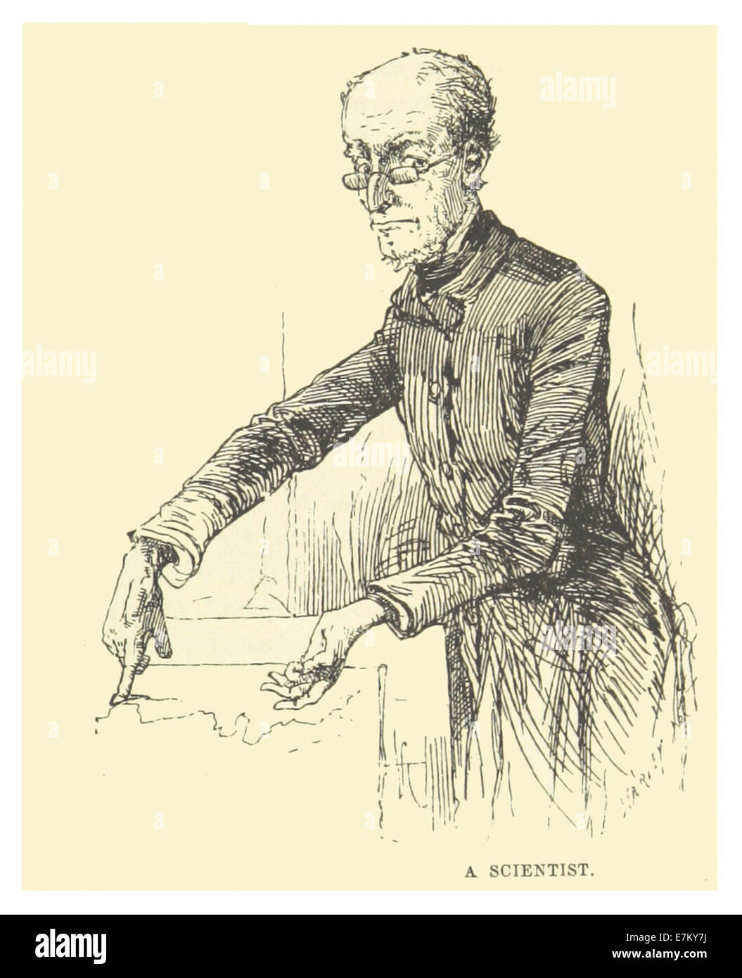 Questo disegno del 1883 di Mark Twain ritrae umoristicamente uno scienziato. TWAIN, meglio conosciuto per le sue opere satiriche, infonde questa immagine con il suo caratteristico spirito e commento sulla scienza e gli intellettuali. Foto Stock
