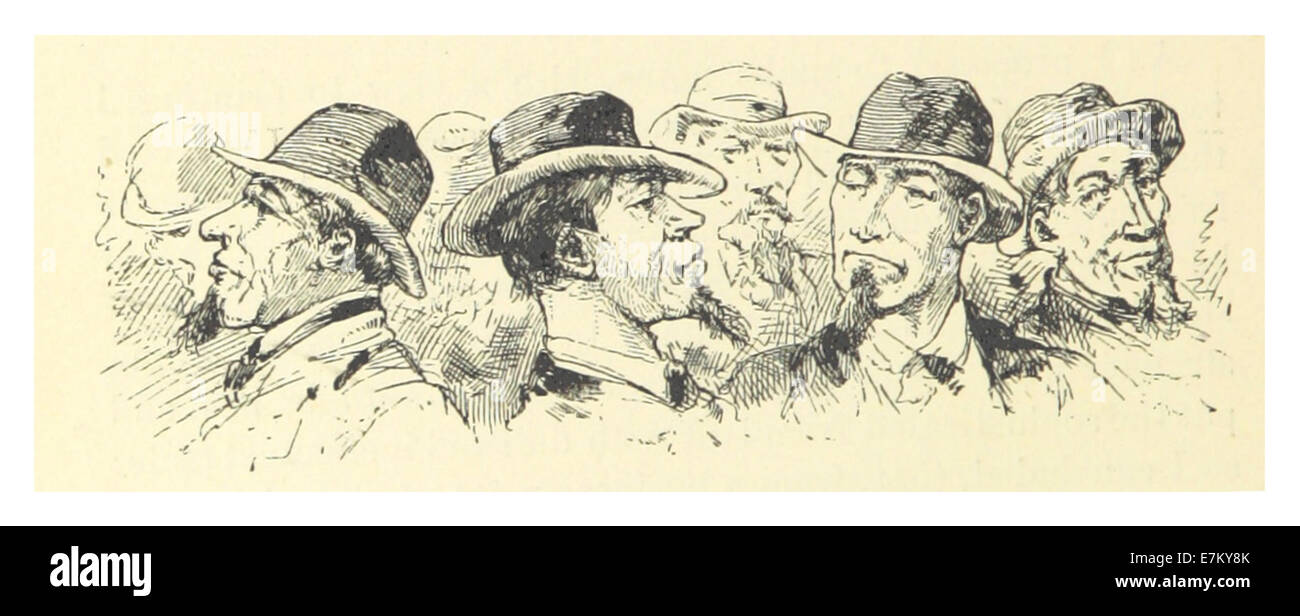 Questo disegno del 1883 di Mark Twain (p254) raffigura una scena umoristica di "The Land of Full Goatees", una storia in cui Twain esplora i personaggi con i caratteristici capelli del viso. Lo schizzo riflette il suo stile comico e satirico. Foto Stock
