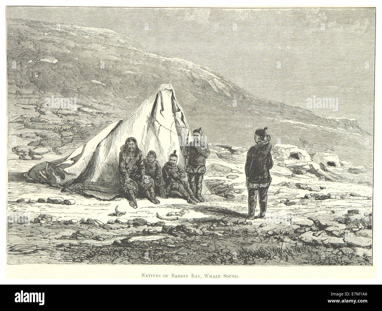 Un'illustrazione del 1879 di Young raffigurante i nativi di Bardin Bay, situata vicino a Whale Sound in Canada. Il disegno fornisce una rappresentazione visiva dei popoli indigeni e del loro ambiente durante la fine del XIX secolo. Foto Stock