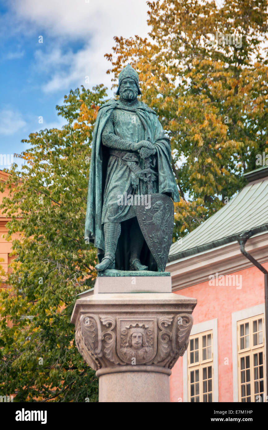 Statua di Birger Jarl su obelisco Riddarholmen a. Foto Stock