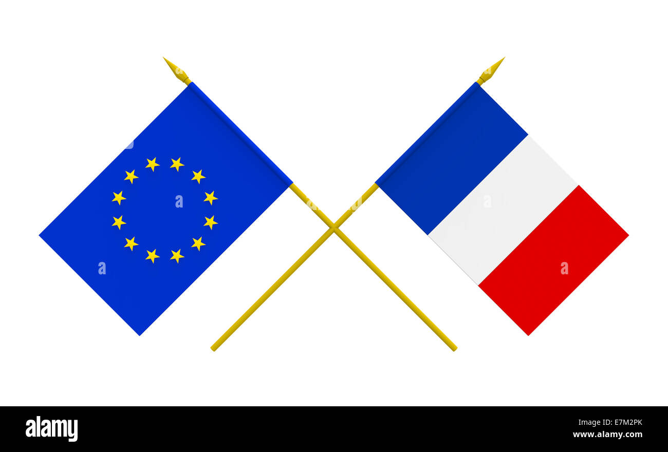 Bandiere di Francia e Unione europea, 3d rendering, isolato su bianco Foto Stock