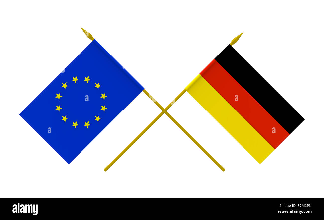 Le bandiere della Germania e Unione europea, 3d rendering, isolato su bianco Foto Stock