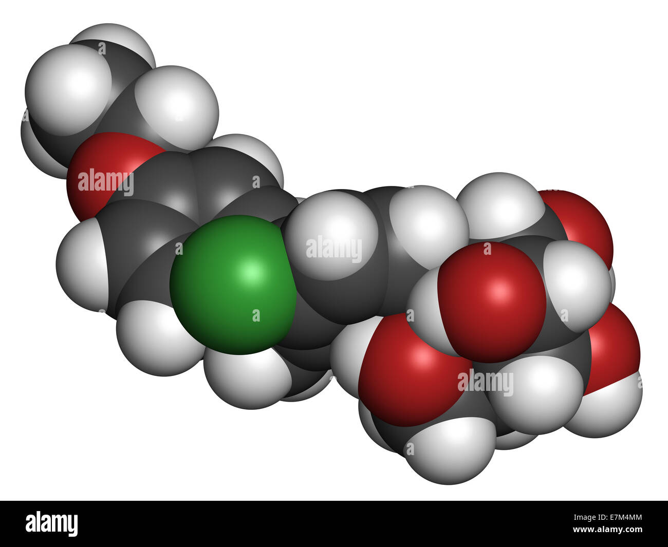 Diabete Dapagliflozin molecola di farmaco. Inibitore di sodio-glucosio proteine di trasporto sottotipo 2 (SGLT2). Gli atomi sono rappresentati come Foto Stock