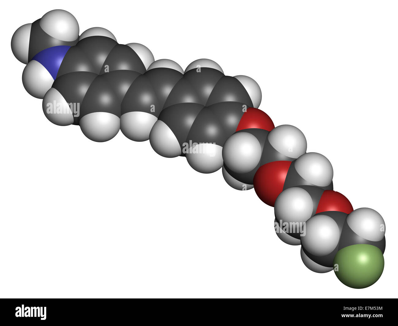 Radiofarmaco Florbetaben molecola. Utilizzata per l'imaging di beta-amiloide placche nella malattia di Alzheimer da PET. Gli atomi sono repr Foto Stock