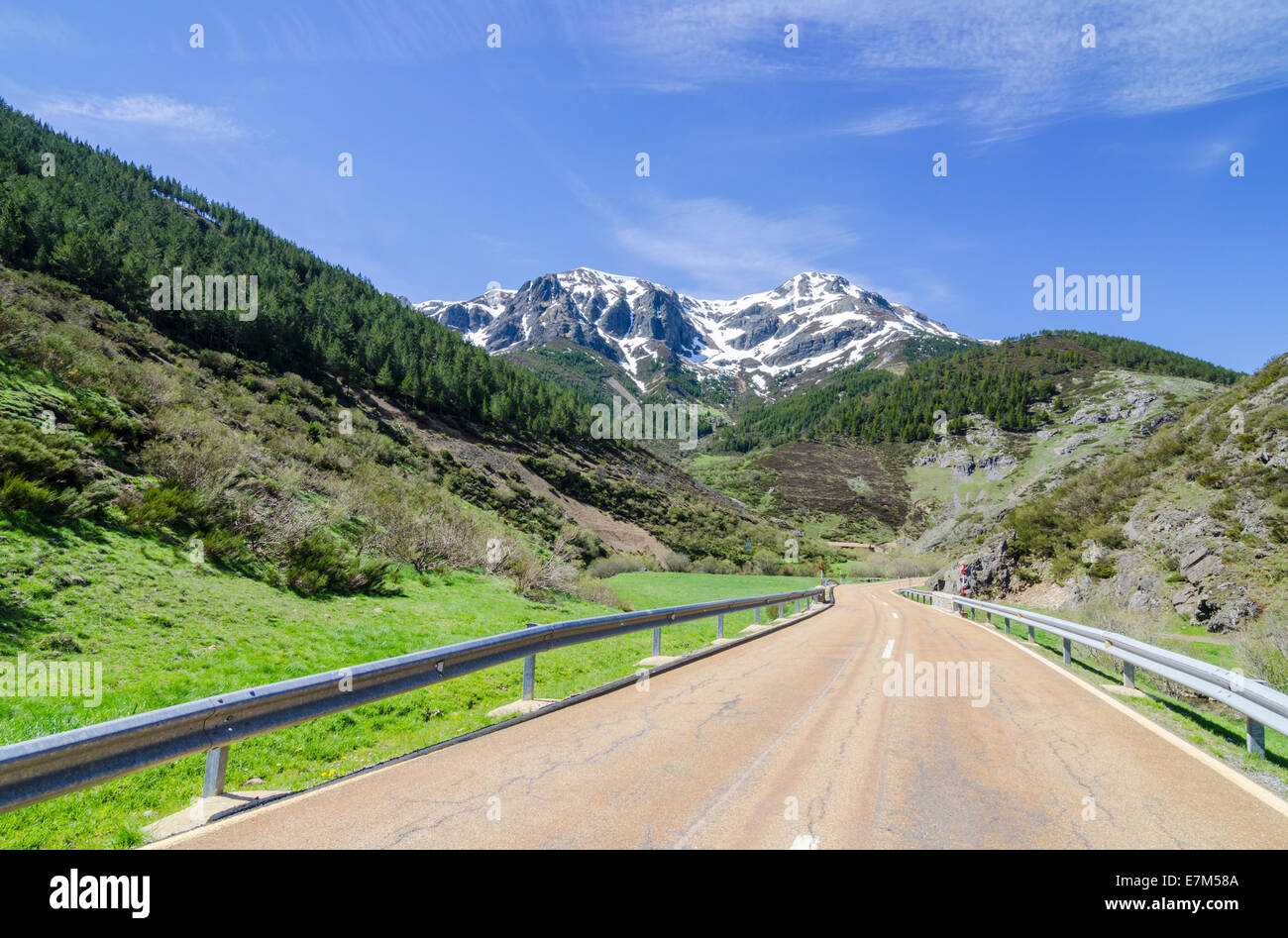 Empty road vicino al villaggio di Llanaves de la Reina, sul confine del Parco Nazionale dei Picos de Europa, Castiglia e León, Spagna Foto Stock
