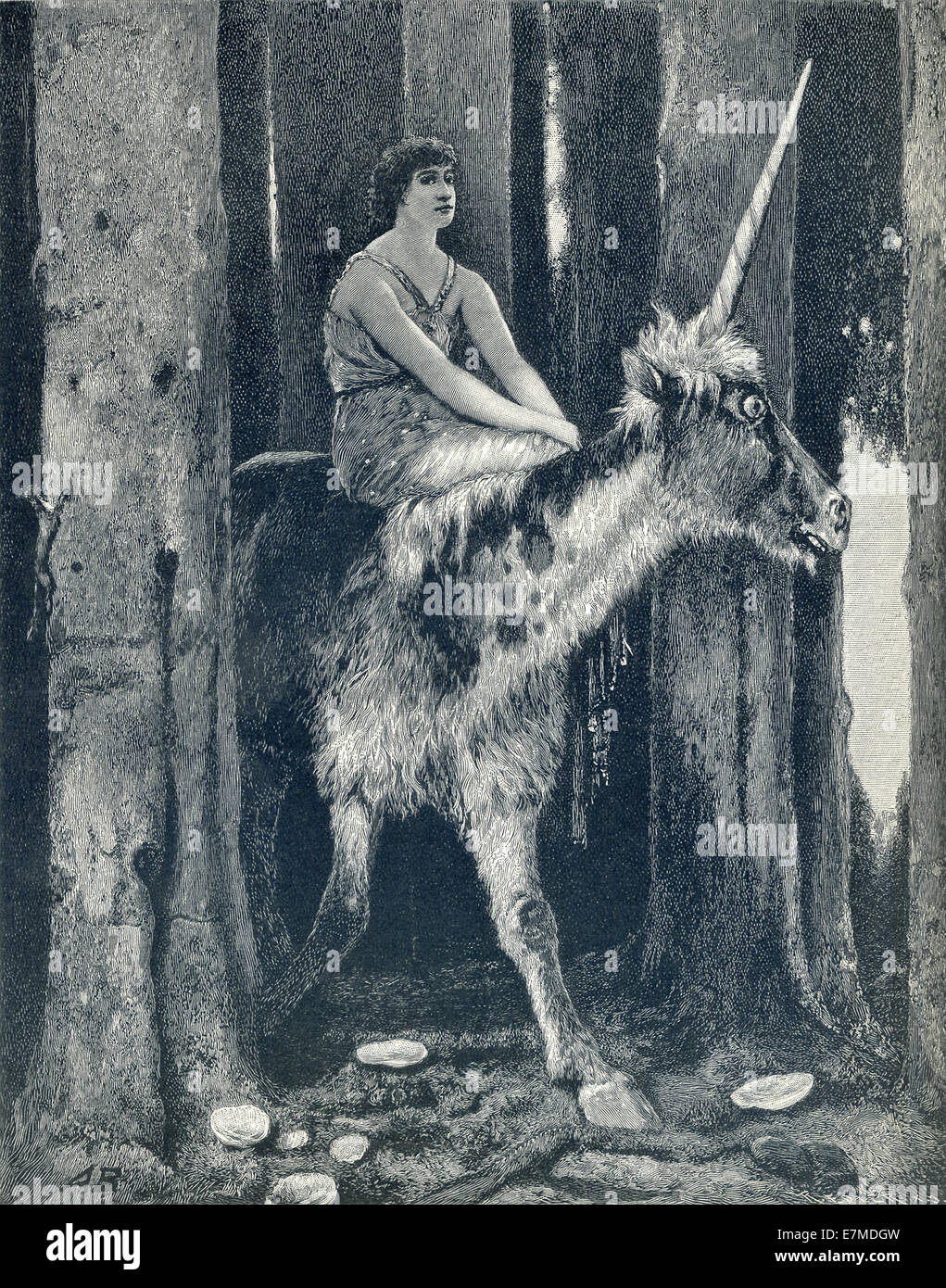 Questa illustrazione di Arnold Bocklin mostra un unicorno, con una fanciulla equitazione sulla sua schiena. Bocklin (1827-1901) era un simbolista svizzero Foto Stock