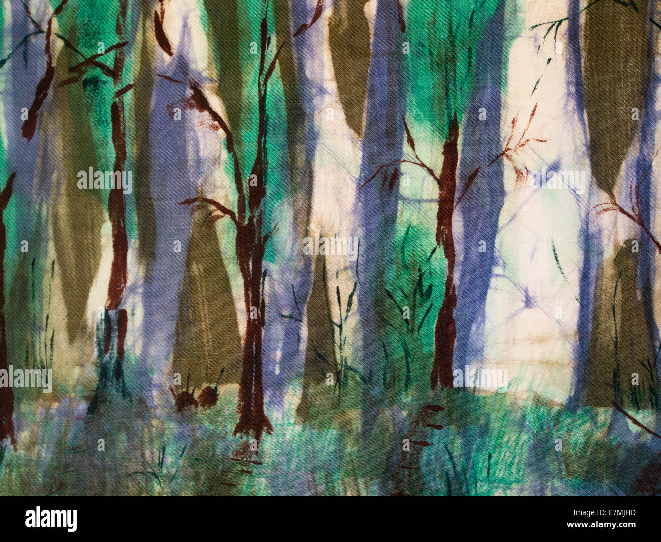 Chiusura parziale di cera colorata illustrazione batik, natura, a tema foresta floor, tronchi, rami, luce e ombre Foto Stock