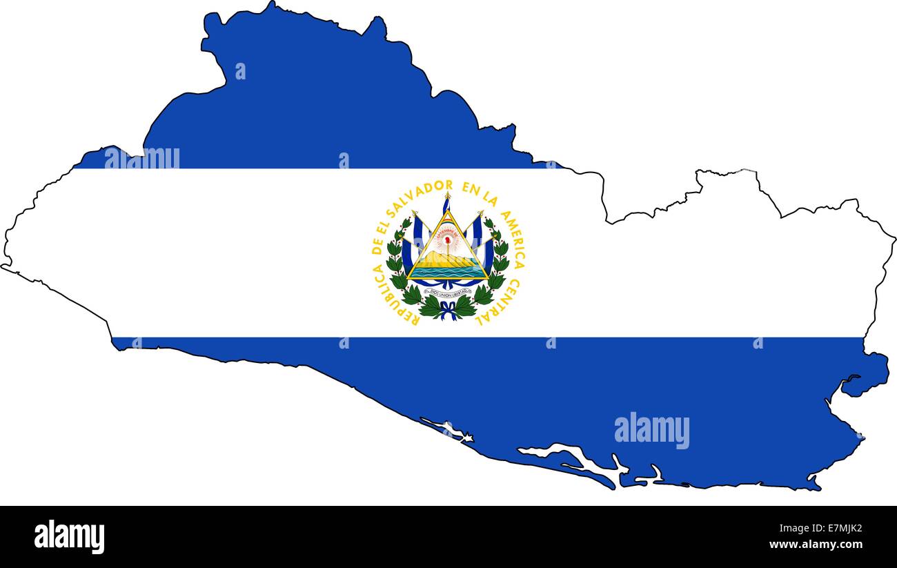 El Salvador mappa con bandiera nazionale e stemma. Isolato su sfondo bianco. Foto Stock