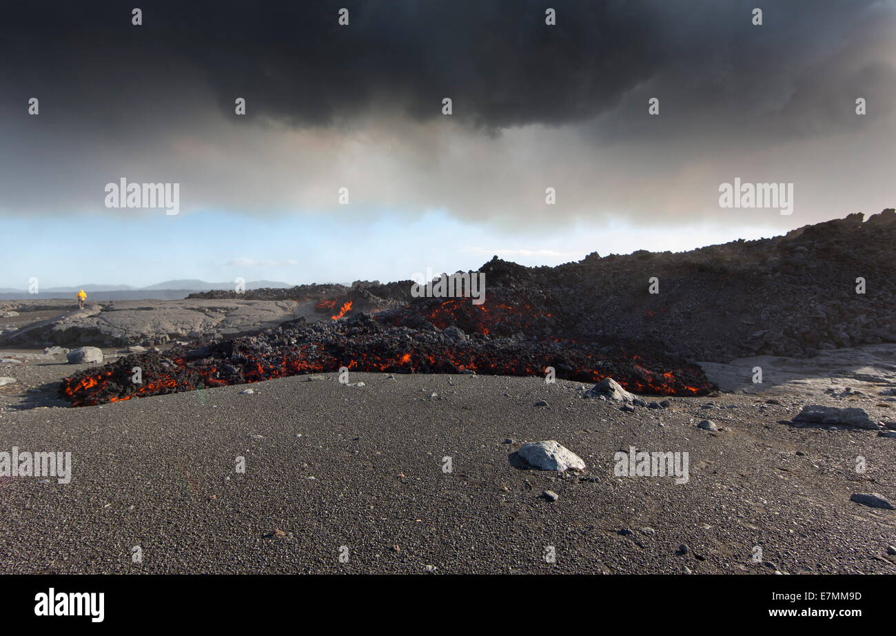Eruzione del vulcano, Holuhraun, nel nord-est l'Islanda, la nuova ed estremamente hot lava Foto Stock