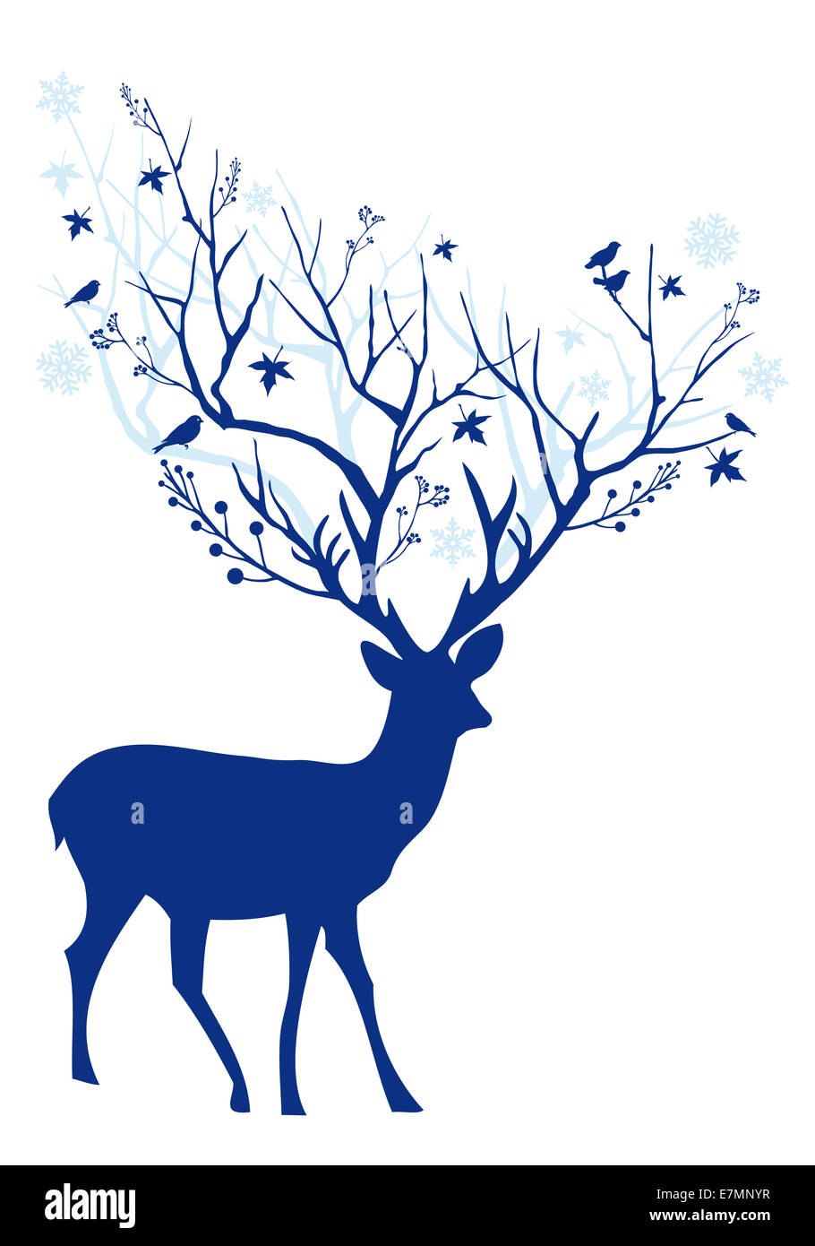 Natale blu cervo con ramo di albero palchi, illustrazione vettoriale Foto Stock