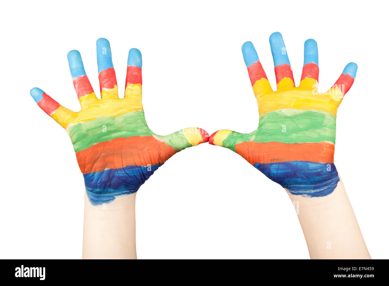 Le mani di un bambino dipinta con colori diversi isolati su sfondo bianco Foto Stock