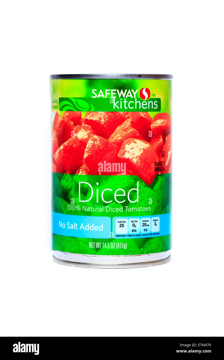 Safeway cucine generico di marca conserve di pomodori tagliati a cubetti nel succo di pomodoro. Foto Stock