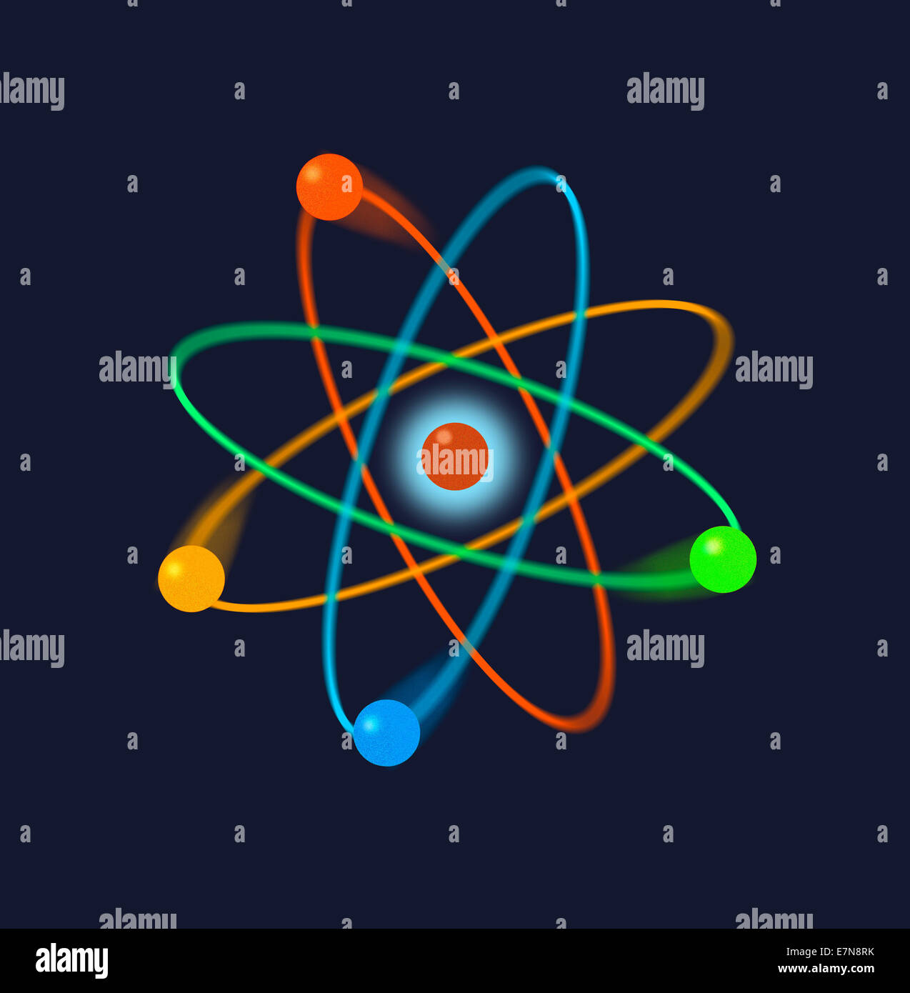 Modello di struttura atomica con elettroni orbitanti - Un'illustrazione digitale di un atomo con elettroni colorati che orbitano intorno a un nucleo centrale Foto Stock