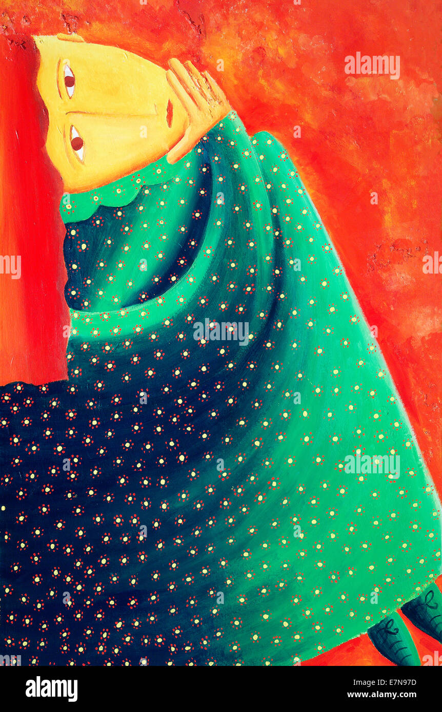 Pittura Acrilica di una donna sat con la sua mano a la sua faccia pensare. Indossa una verde abito fiorito. Foto Stock