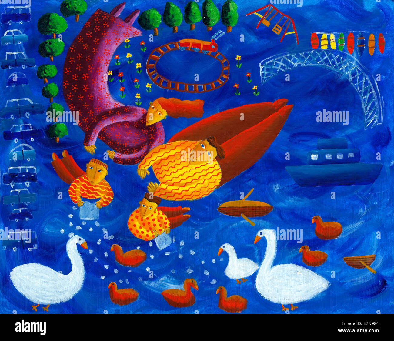Pittura Acrilica di una famiglia dar da mangiare alle anatre Foto Stock