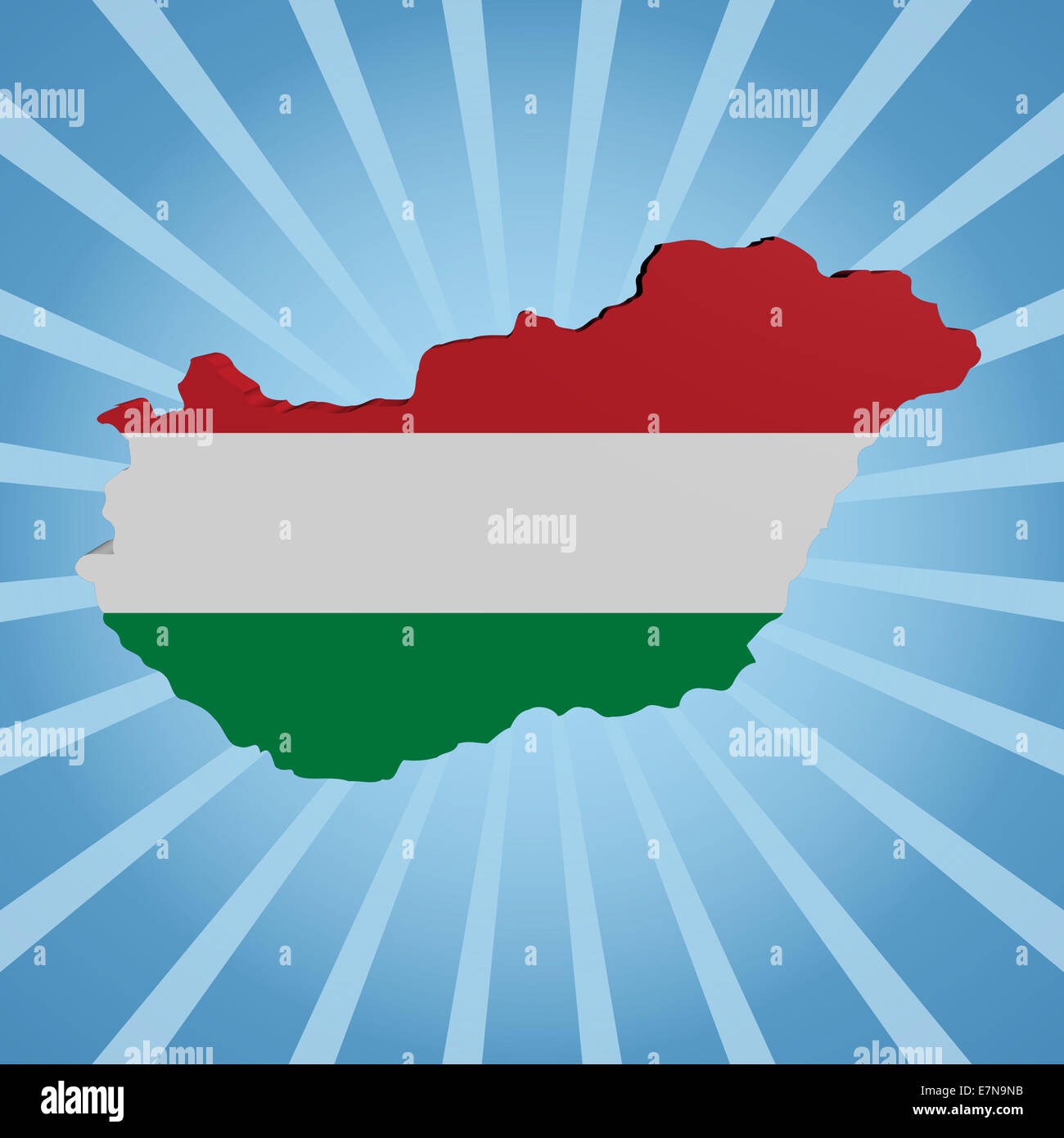 Mappa di Ungheria sulla bandiera blu sunburst illustrazione Foto Stock