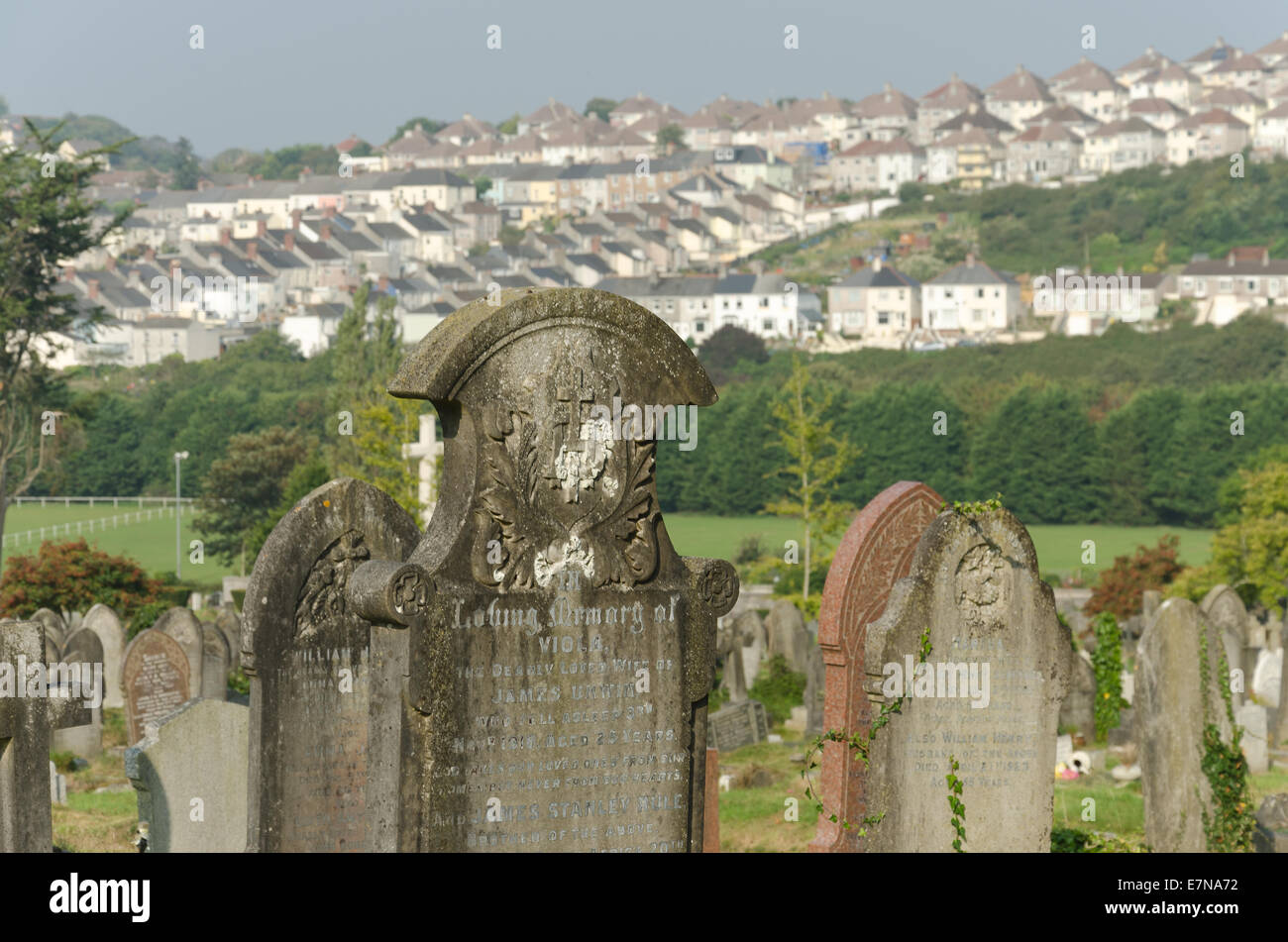 Le file di case a schiera con tetti in ardesia in contrasto con il corridoio e la fila di lapide in un cimitero promemoria di morti viventi e Foto Stock