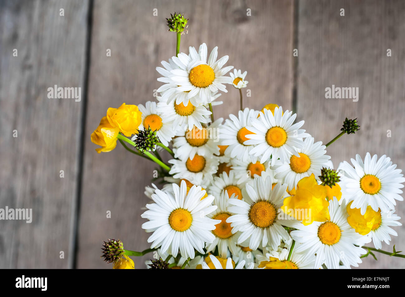 Bella gara bouquet di prato estivo fiori con wild chamomiles su sfondo di legno. Composizione floreale in rurale vintage Foto Stock