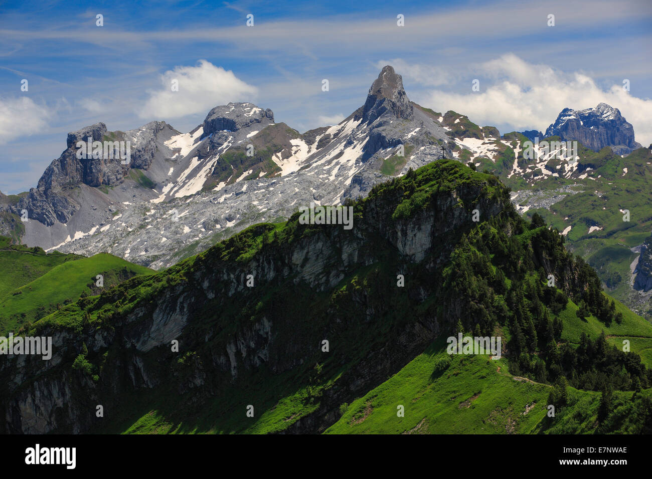 Alp, Alpi, Vista, vista da Fronalpstock, montagna, panorama di montagna, montagne, Fronalpstock, Glarona Alpi, Canton Glarona, Huser Foto Stock