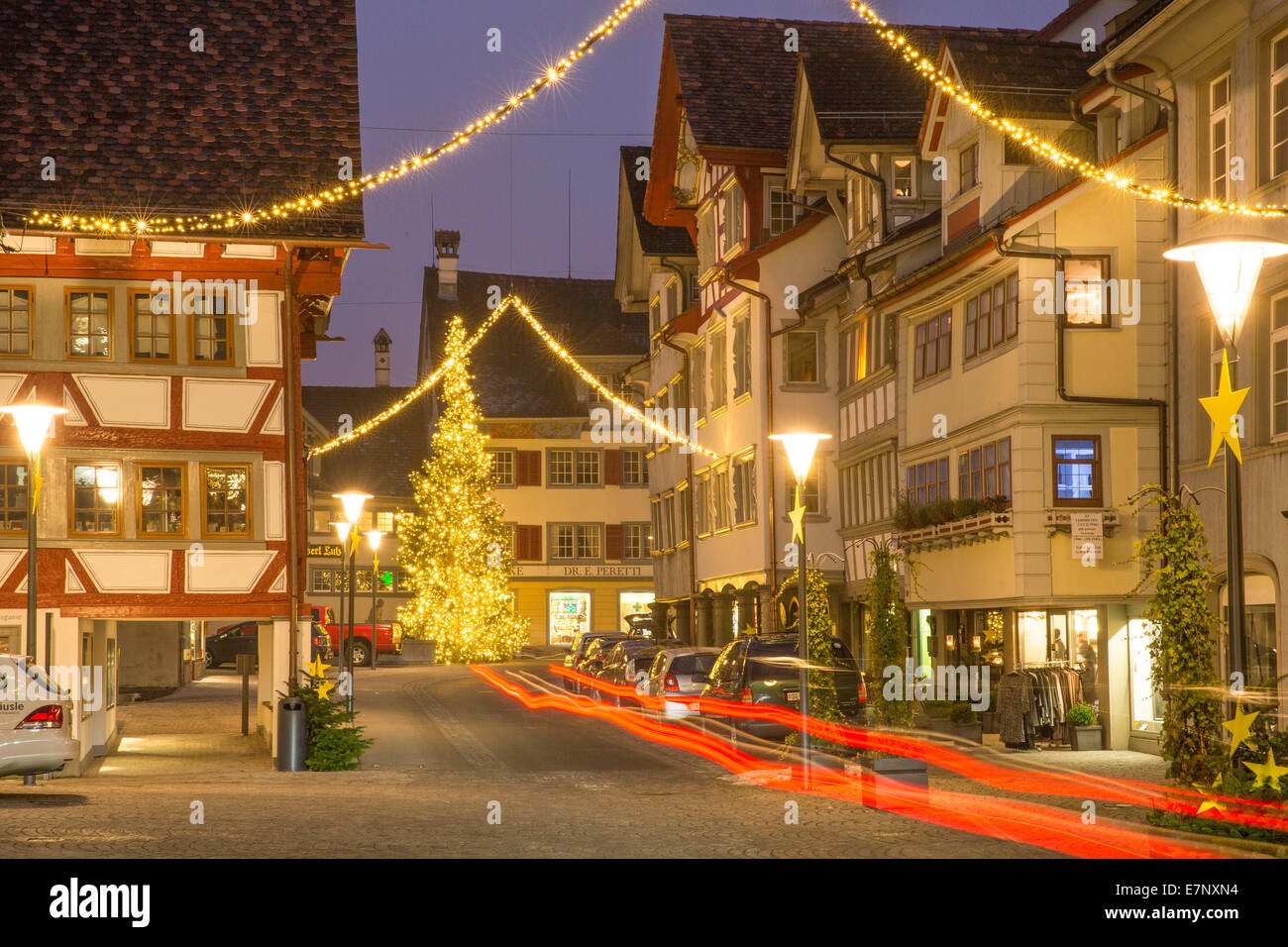 Città natale di illuminazione, Rheineck, Natale, avvento, paese, città, SG, Canton San Gallo, Svizzera, Europa Foto Stock