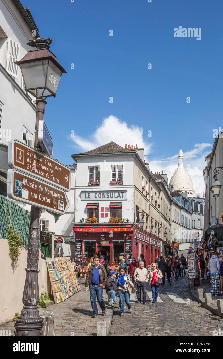 Basilica, chiesa, città, quartiere, Francia, Montmartre, Norvins, Parigi, Sacre Coeur, architettura, artisti famosi, street, turiste Foto Stock