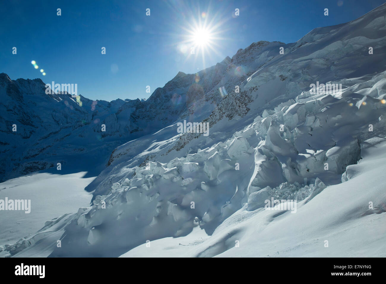 Jungfraujoch, Eismeer, montagna, montagne, inverni, Canton Berna, Alpi Bernesi, Oberland bernese, Jungfrau, monaco, Mönch, Eiger Foto Stock