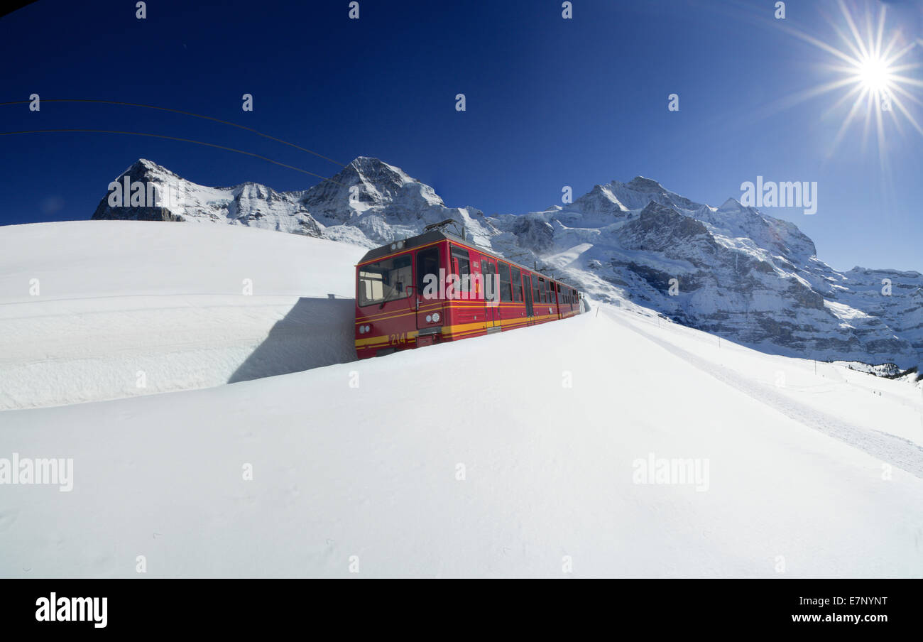 Ferrovia della Jungfrau, vergine's road, monaco Eiger e Jungfrau mountain, montagne, inverni, Canton Berna, turismo, vacanze montagna ro Foto Stock