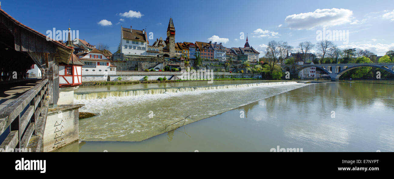 , Reuss Bremgarten AG, Reuss, molla, villaggio, fiume, flusso, corpo di acqua, acqua, città, Canton, AG, Argovia, Svizzera, UE Foto Stock