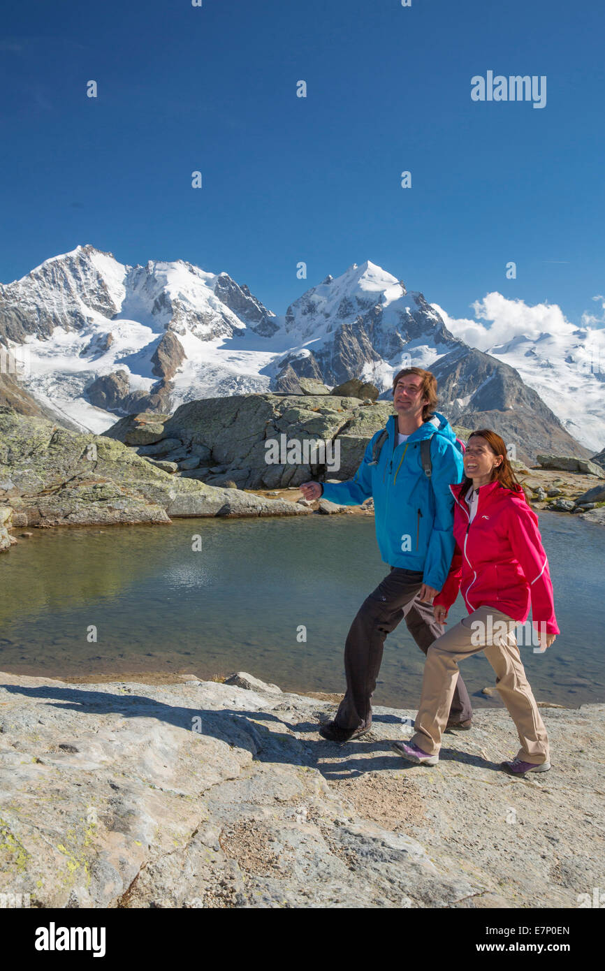 Engadina Engadina, passeggiate, escursioni, Fuorcla Surlej, visualizzare il Piz Bernina Piz Rosegg, montagna, montagne, lago di montagna, ghiacciaio, Foto Stock
