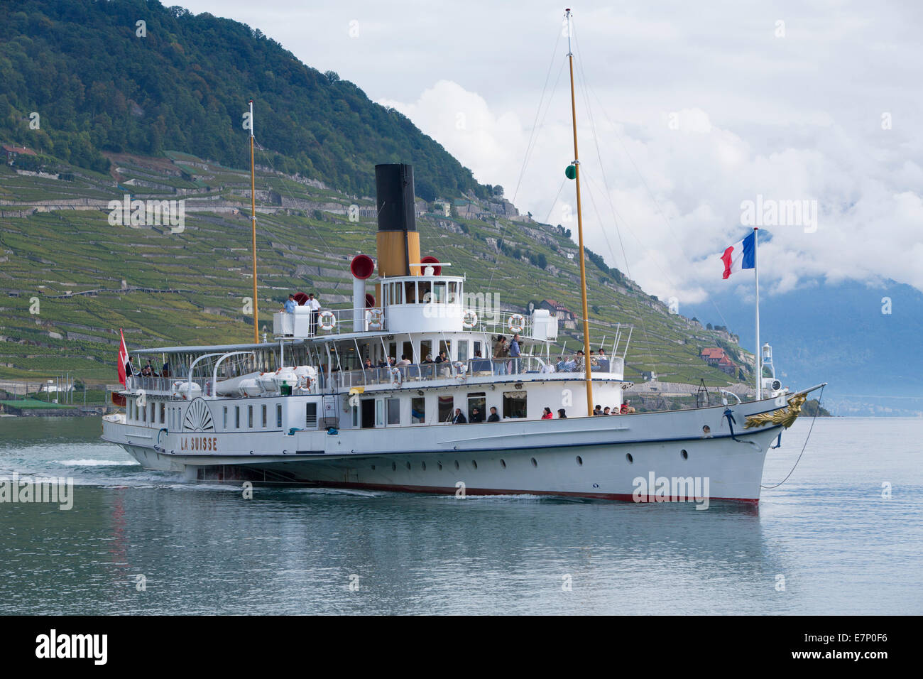 Il lago di Ginevra, steamboat, Lac Leman, steamboat, nave, barca, navi, barche, lago, laghi, Canton, VD, Vaud, Svizzera occidentale, romana Foto Stock