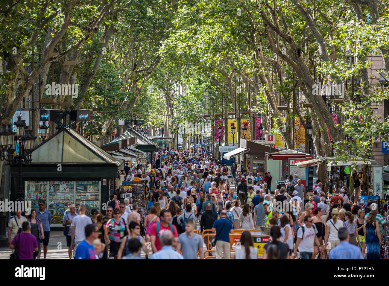 Barcellona, la città, Ramblas, avenue, Catalonia, affollato, famoso, verde, chiosco, persone, popolare, Spagna, Europa Touristic, viaggi Foto Stock
