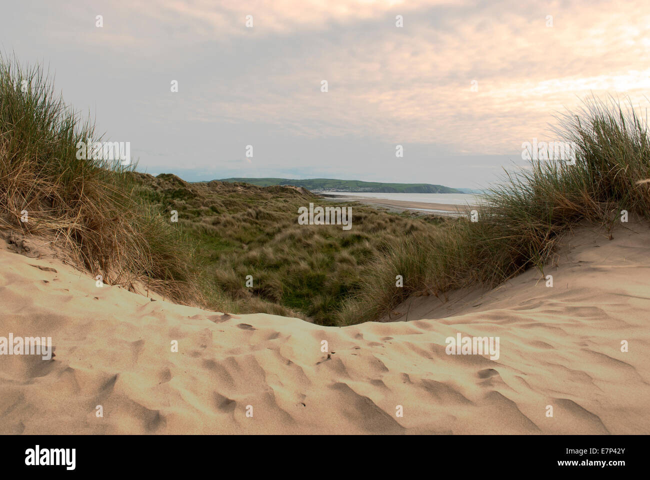 Immagine inquadrata di erbosi dune di sabbia con il mare e le scogliere in background Foto Stock