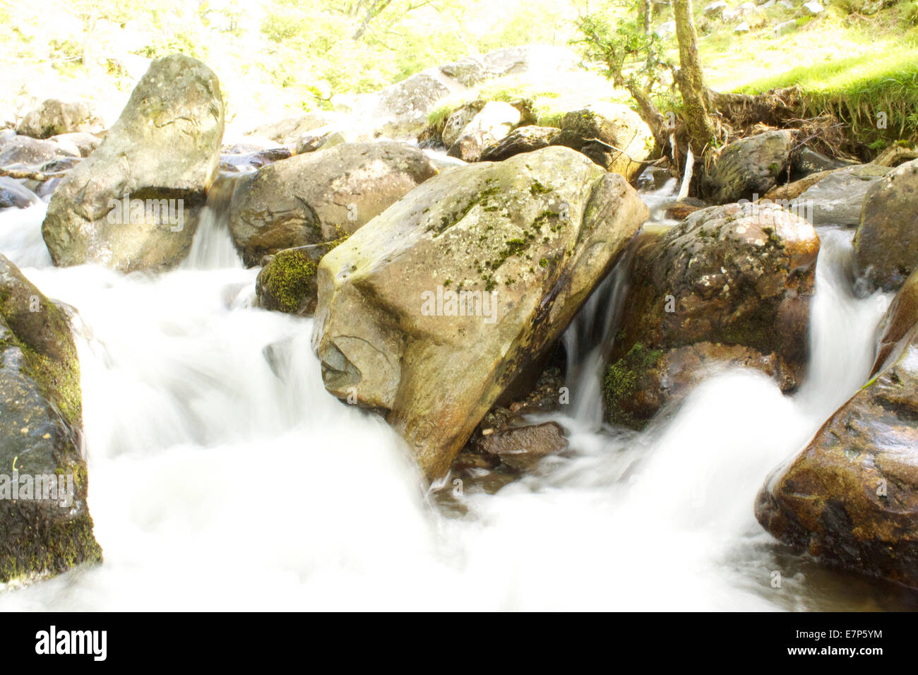 Fast fiume che scorre sulle rocce che mostra un lento moto del flusso dell'acqua. Foto Stock