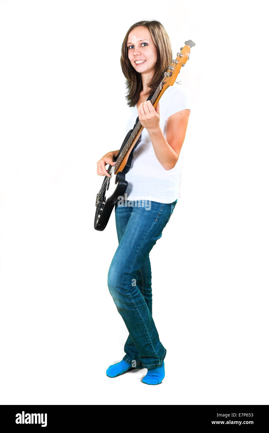 Ragazza con chitarra basso e microfono isolati su sfondo bianco Foto stock  - Alamy