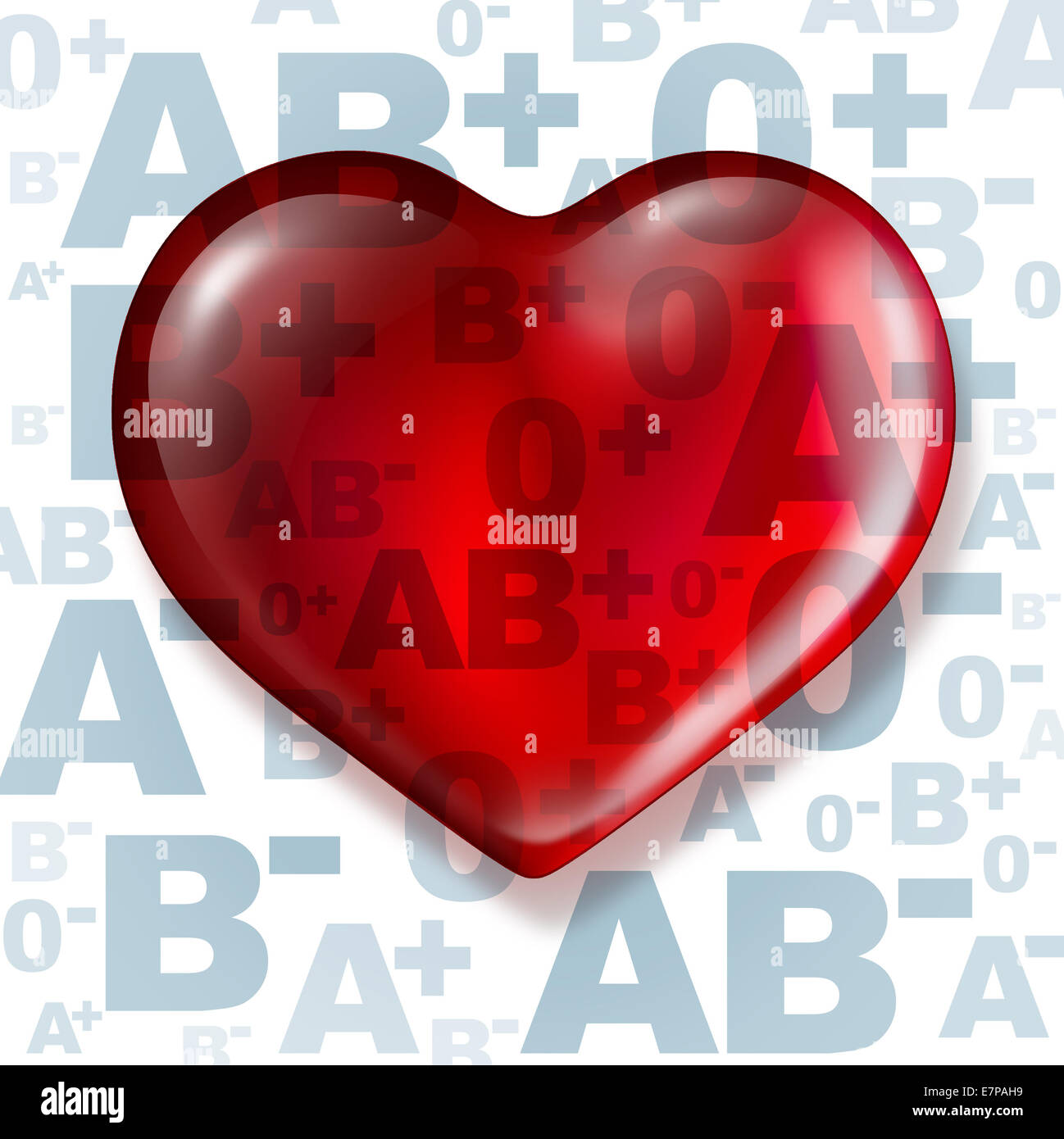 La donazione di sangue e donazione umana nozione come un gruppo di lettere come un simbolo di tipi di sangue con un cuore rosso a forma di liquido come una metafora del medico per aiutare gli altri ed essendo un donatore del dono della vita. Foto Stock