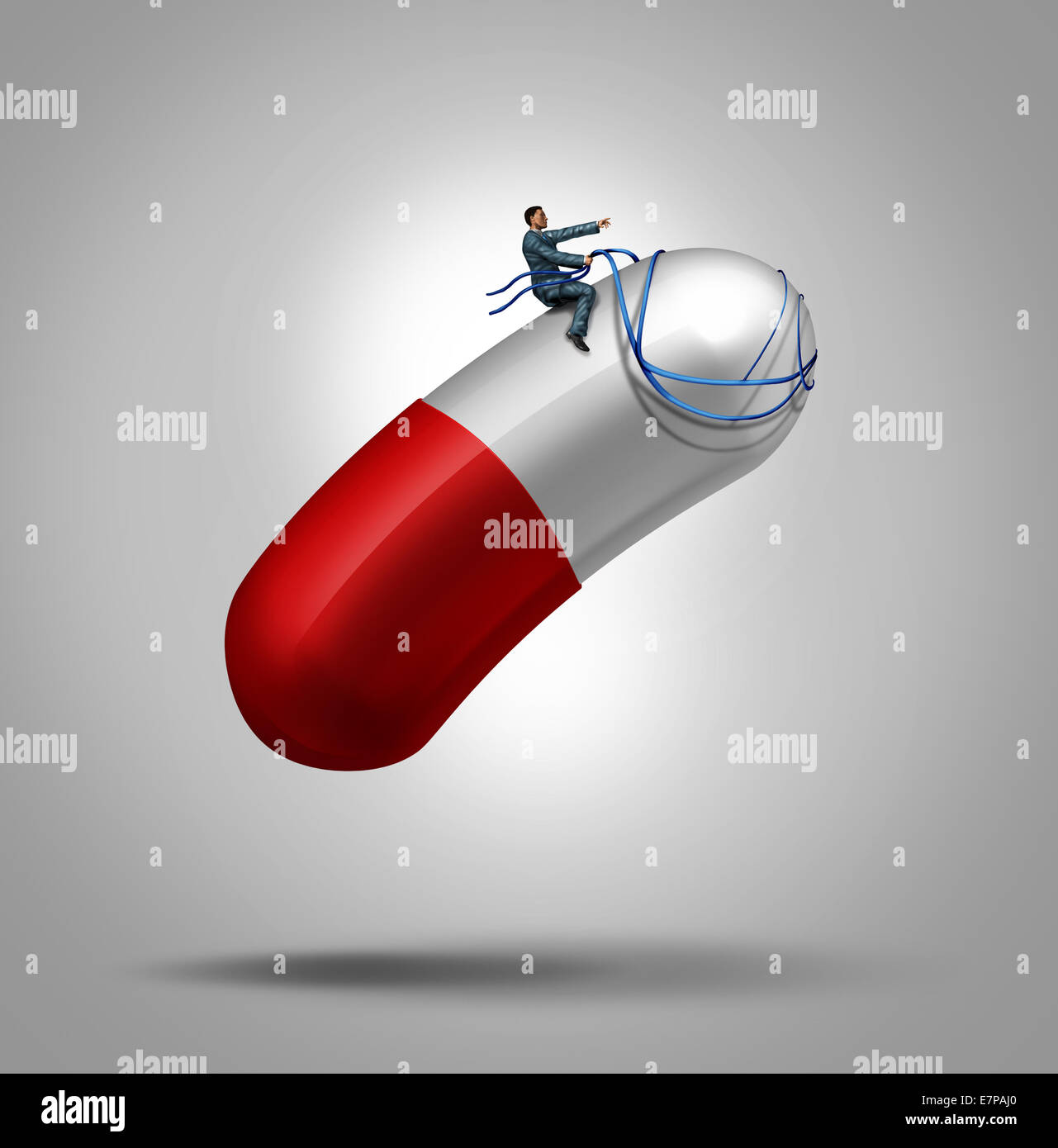 Farmaci salute controllo concetto di cura di un paziente a cavallo e pilotare una capsula gigante pillola usando un cavo come una metafora per il controllo della dose in terapia medica o evitando la prescrizione abuso di droga che conduce alla tossicodipendenza. Foto Stock