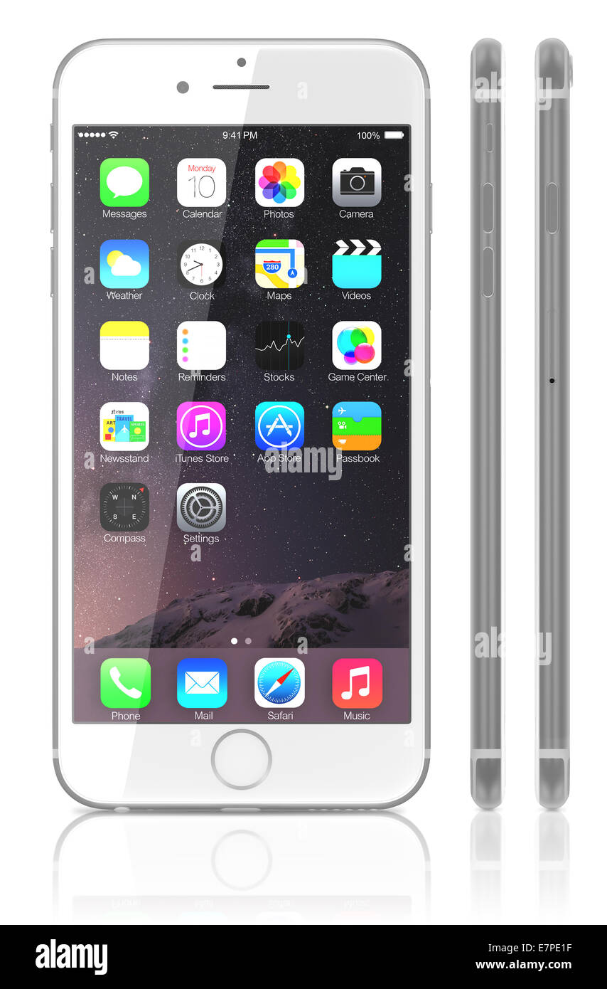 Argento Apple iPhone 6 Plus che mostra la schermata iniziale con iOS 8. Foto Stock