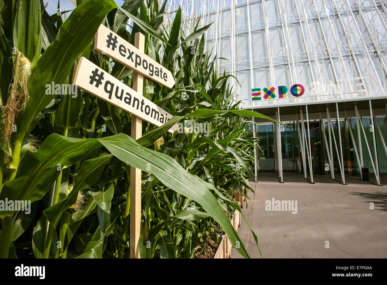 Milano Expo 2015, EXPOGATE, equo universale, esposizione, gate, infopoint, segnaletica, quantomais, mais aiuole, Lombardia, Italia Foto Stock