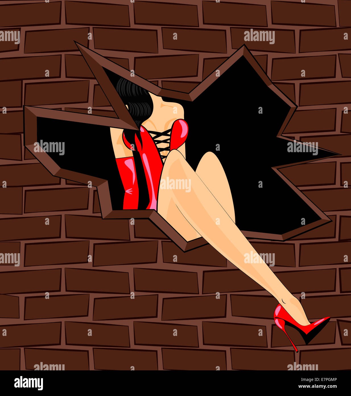 Muro di pietra e sexy ragazza in corsetto rosso Foto Stock