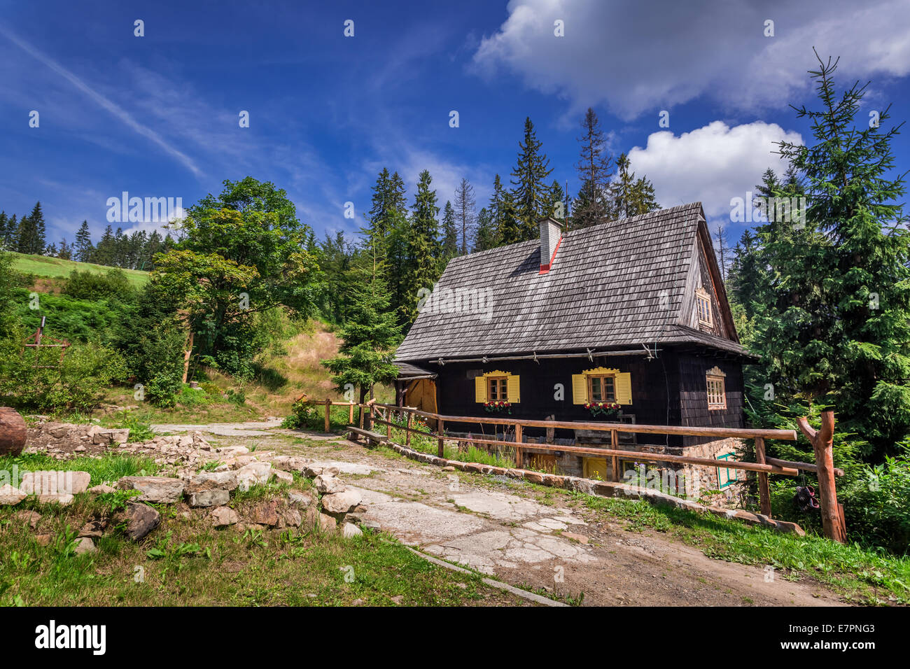 Piccola casa in legno in montagna in estate Foto Stock