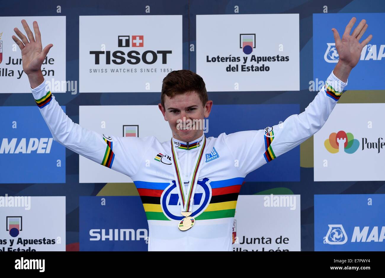 Ponferrada, Spagna. Il 22 settembre, 2014. Mondo UCI Chanpionship tour in bicicletta. Flakemore Campbell ( AUS ) sul podio © Azione Sport Plus/Alamy Live News Foto Stock