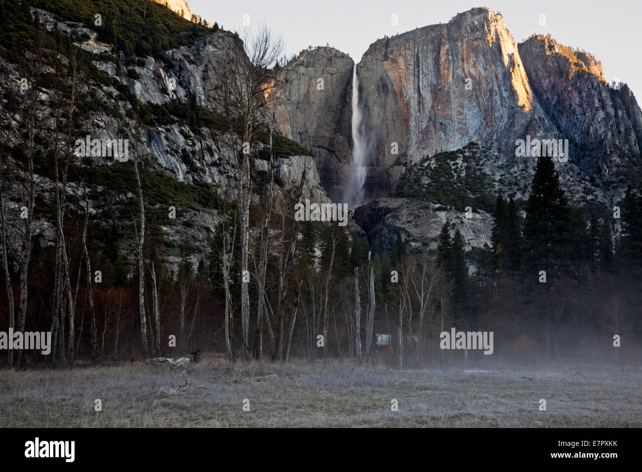 CA02286-00...CALIFORNIA - Punto di Yosemite e superiore di Yosemite caduta da una nebbiosa Yosemite Valley prato nel Parco Nazionale di Yosemite. Foto Stock