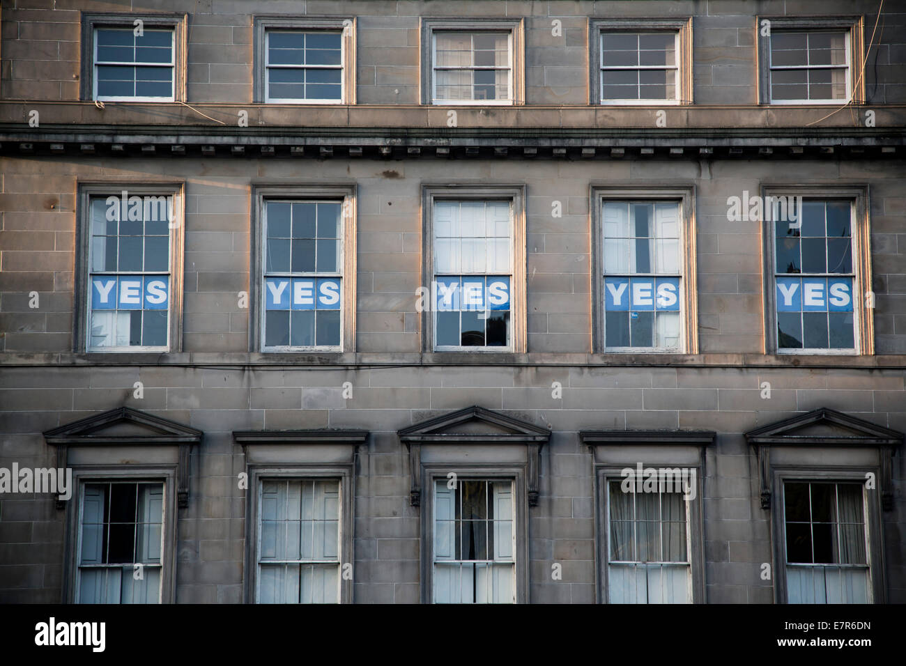 Una fila di segni dicendo di sì in windows su London Road, Edimburgo. I cartelli indicano il supporto per la pro-indipendenza sì campagna. Foto Stock