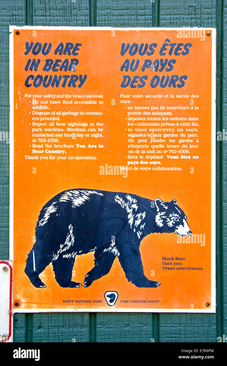 Mente il segno di orso, Lago Minnewanka, Banff, Alberta, Canada Foto Stock