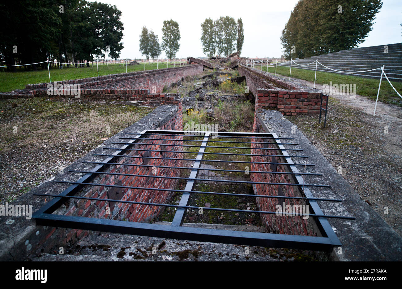 Il distrutto le camere a gas e il crematorio 3 presso l'ex campo di concentramento di Auschwitz-Birkenau come visto in Oswiecim (Polonia) il 25 agosto 2014. Foto: Daniel Naupold/dpa Foto Stock