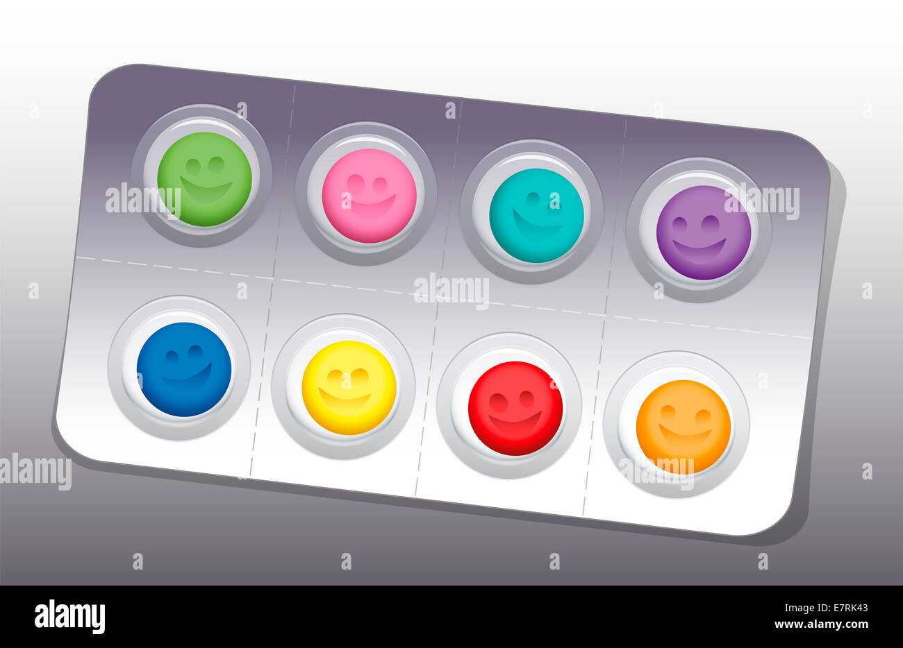 Blister con otto sorridente colorata pillole. Foto Stock