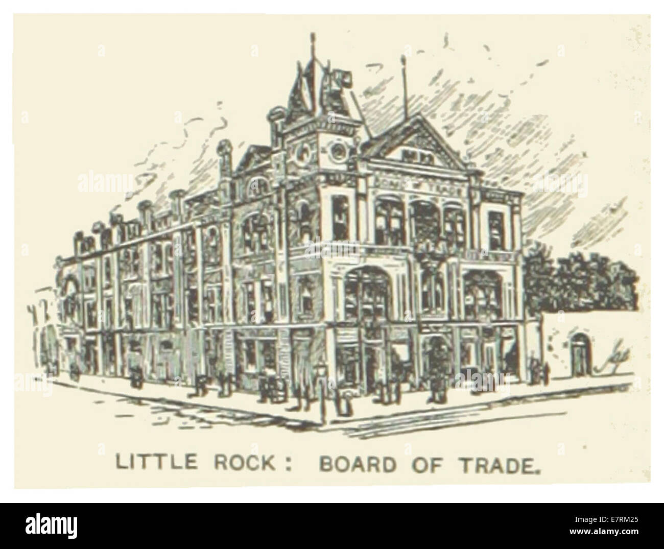 Questa illustrazione del 1891 raffigura l'edificio del Board of Trade a Little Rock, Arkansas, che cattura il ruolo dell'edificio nelle attività economiche e sociali della regione durante la fine del XIX secolo. Foto Stock