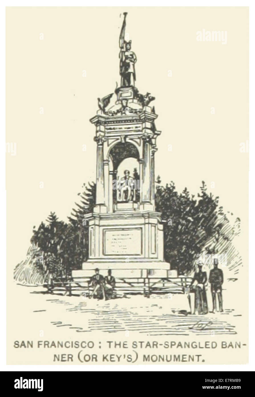 Un'illustrazione del 1891 del Monumento di Key a San Francisco, un significativo monumento storico dedicato a Francis Scott Key, lo scrittore dell'inno nazionale statunitense. Il disegno mette in evidenza la sua posizione e le sue caratteristiche architettoniche. Foto Stock