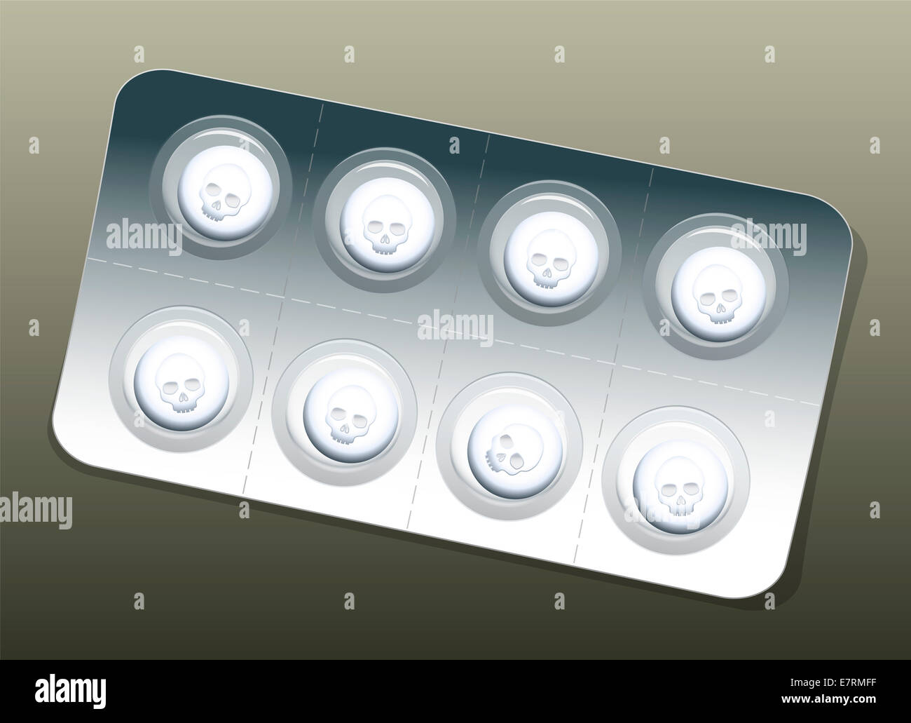 Pillole di colore bianco con stampa in rilievo teschi in una confezione blister, che allude al pericolo di falsi medicinali. Foto Stock
