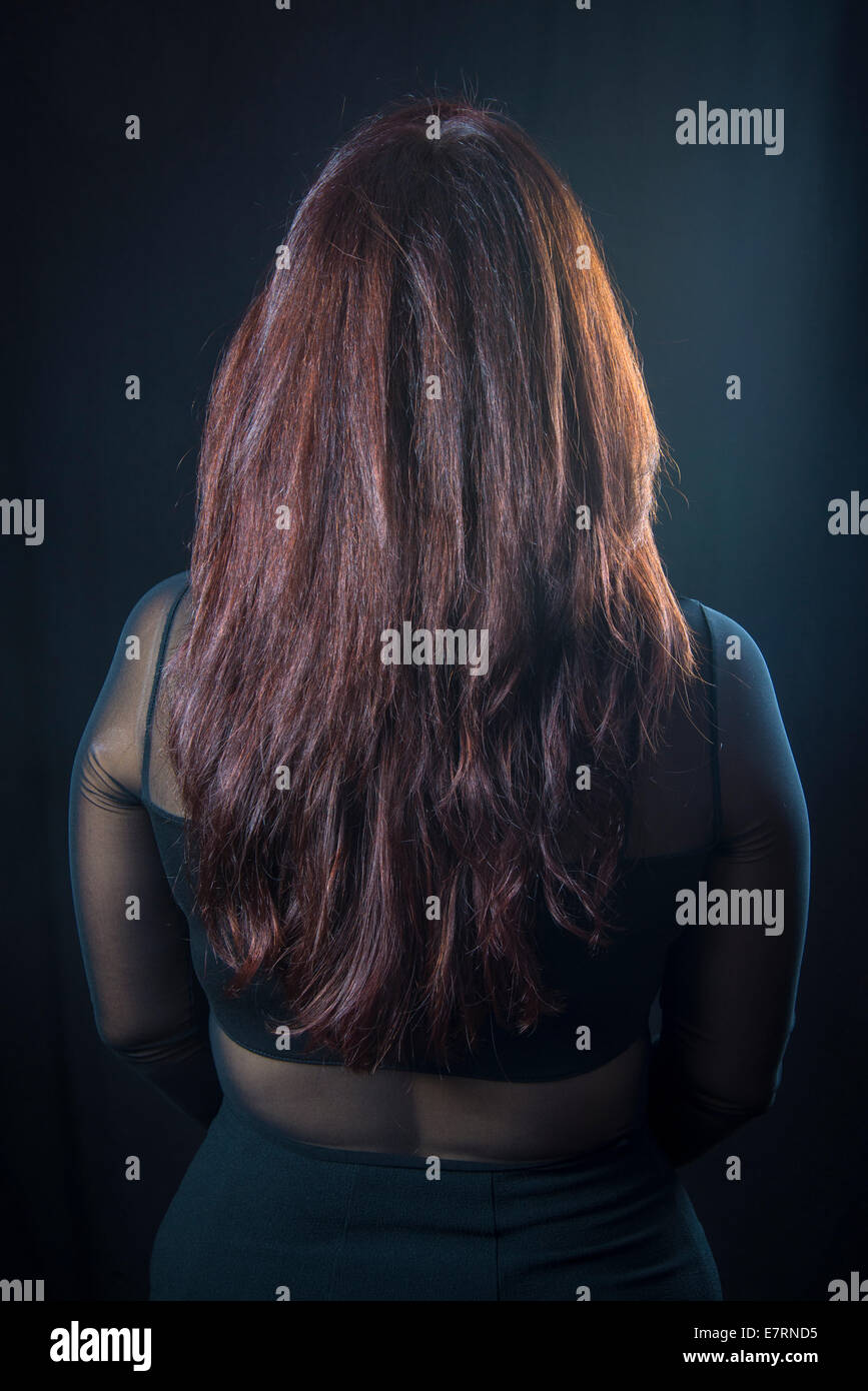 Donna con la schiena con capelli lunghi marrone Foto Stock